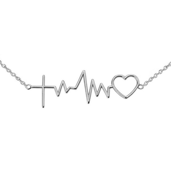 14k White Gold Heartbeat Pulse Heart Cross Necklace